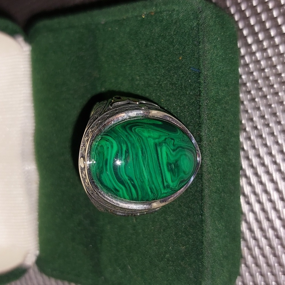 Sterling Silver Men's Malachite Oxidized Ring  Sz 10